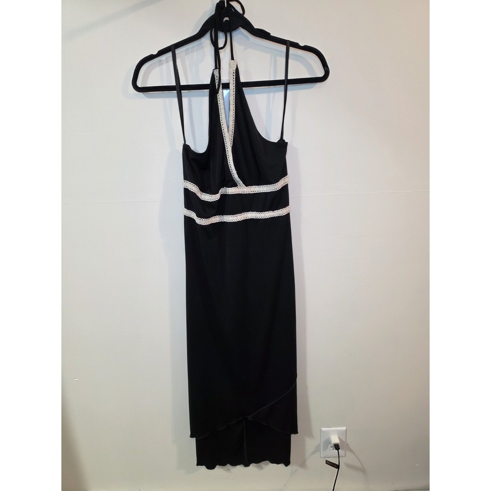 Vintage Iz Byer Black Lace Trim Maxi Slip Halter Dress LG 90s Goth Grunge Y2K